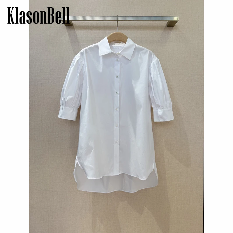 9.6 KlasonBell 100% Cotton White Shirt Women Puff Sleeve Embroidery Loose Casual Blouse