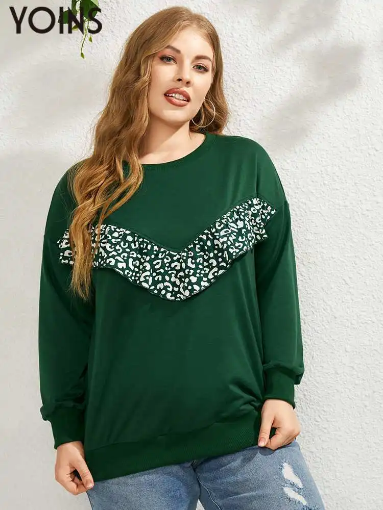 YOINS 2023 Autumn Women Sweatshirts Fashion Patchwork Hoodies Leopard Print Long Sleeve Plus Size Outwear Green Tops Blusas 4XL