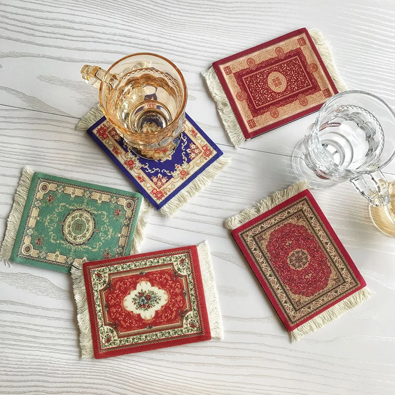 

Persian Mini Tassel Coasters Retro Style Carpet Pattern Cup Placemats Home Office Table Decor Craft Coasters 9*11cm