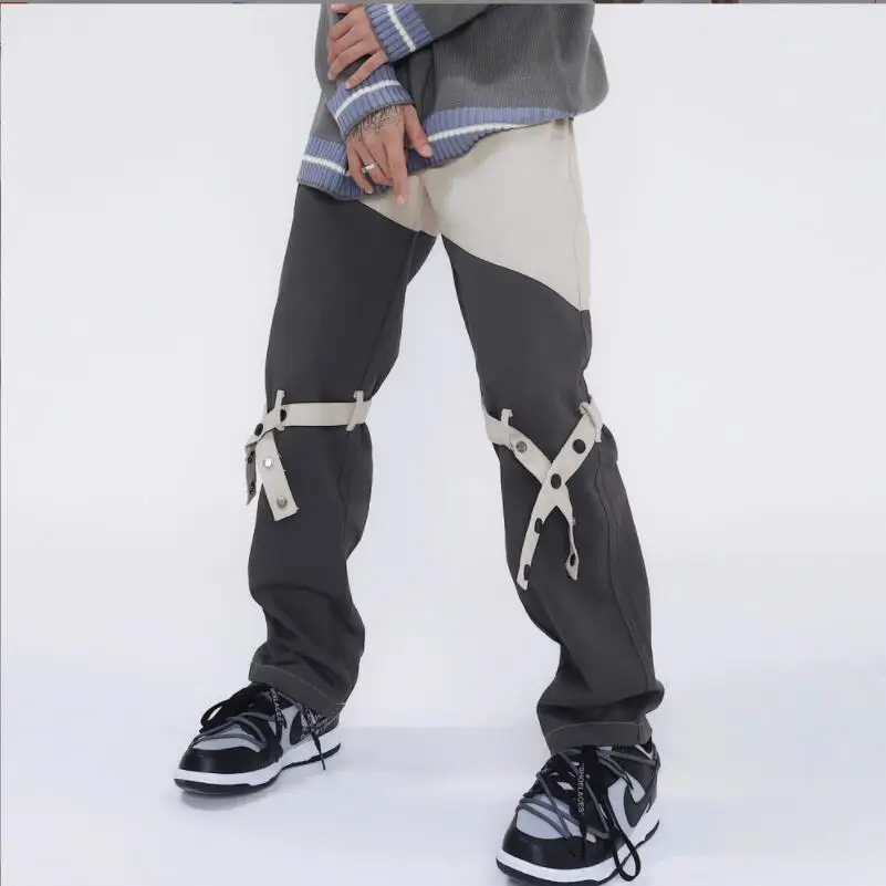 Bandage Contrast Color Stitching Jeans Men 2022 High Street Loose Straight Pants Man Hip Hop Casual Denim Trousers w139