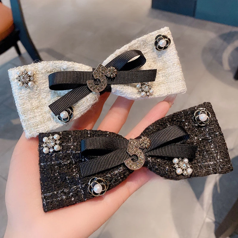 

Korean New Vintage Rhinestone Bow Spring Hair Clips Hairpin High Quality Elegant Women's Exquisite Camellia Accessories Mujer