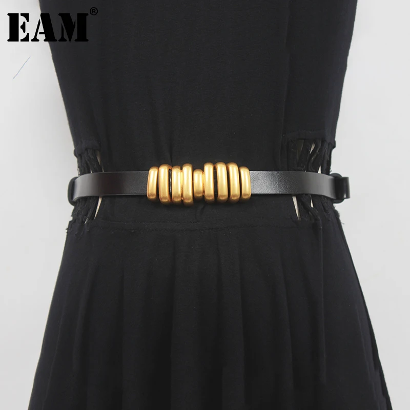 [EAM]  Pu Leather Black Metal Buckle Long Cool Belt Personality Women New Fashion Tide All-match Spring Autumn 2023 1DF0126