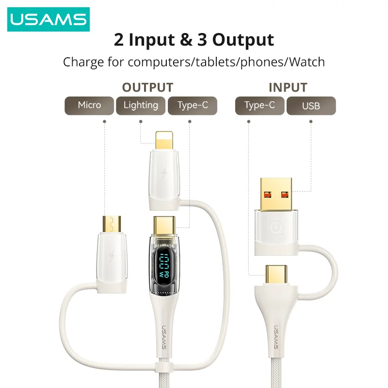 USAMS PD 100W 6 In 1 Quick Charging Data Cable Type C Lightning Micro USB Cable For iPhone iPad MacBook Huawei Xiaomi Samsung