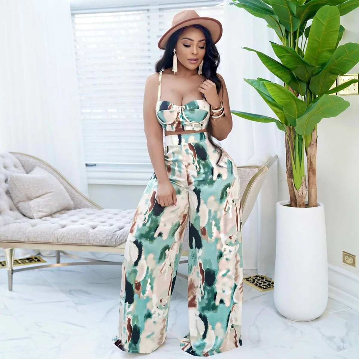 

Summer Elegant Women Sexy Printed Two Piece Set Beach Female Strap Camis Tops + Draped Wide Leg Pants Track Suits New 2022