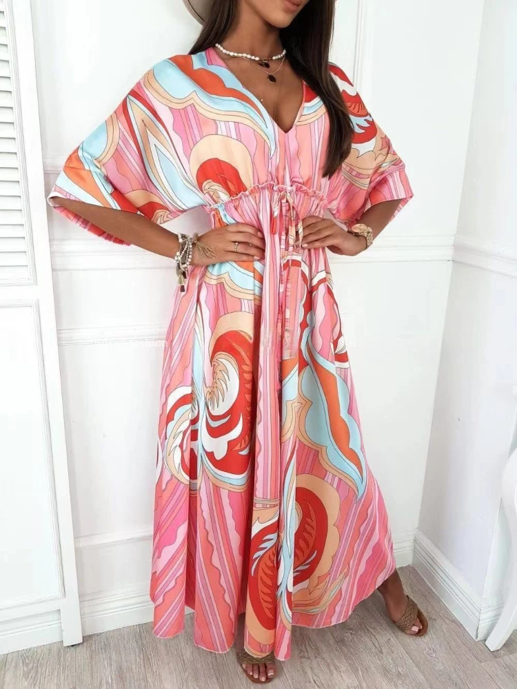 

2022 Women Floral Print Loose Boho Beach V Neck Long Dress Short Sleeve Casual Slit Summer Dresses Fashion Oversize Clothing