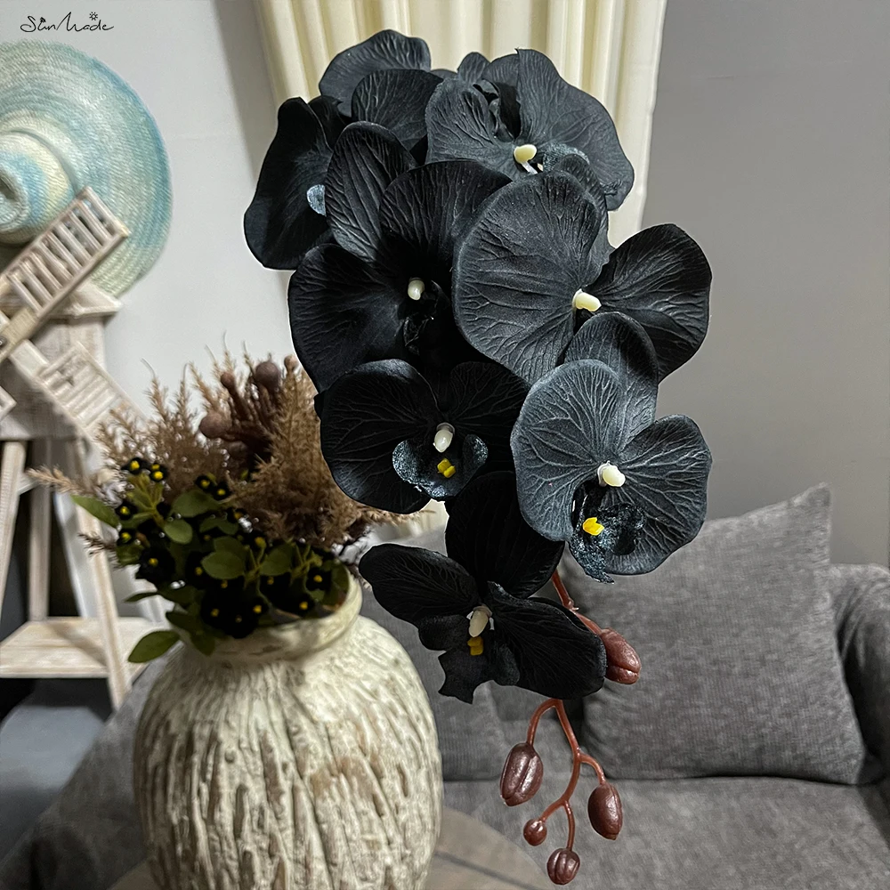 SunMade Gothic Black Orchid Branch Silk Artificial Flowers Home Hotel Decoration Flores Artificales Black Butterfly Flower