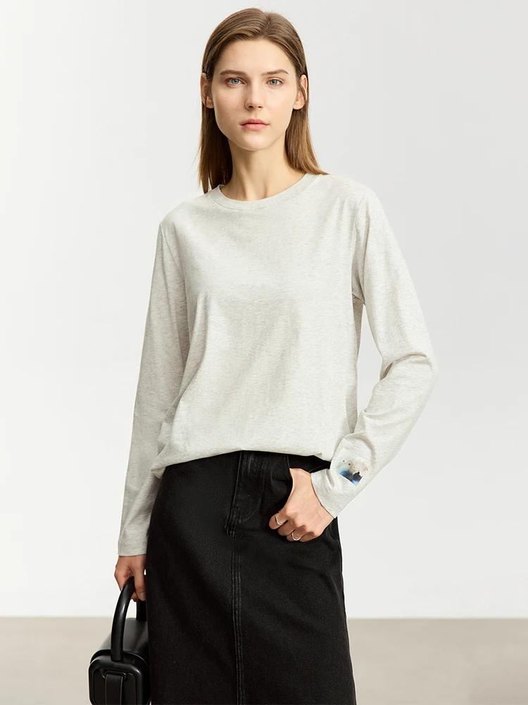 

AMII Minimalist Women T-shirt 2023 Autumn Straight Cotton Long Sleeve Base Shirt New Chinese Style Printed O-neck Tees 12323151