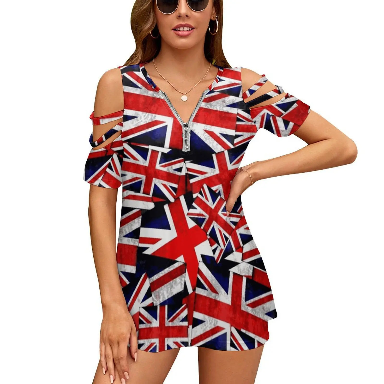 Женская Винтажная футболка на молнии с принтом и флагом Великобритании |