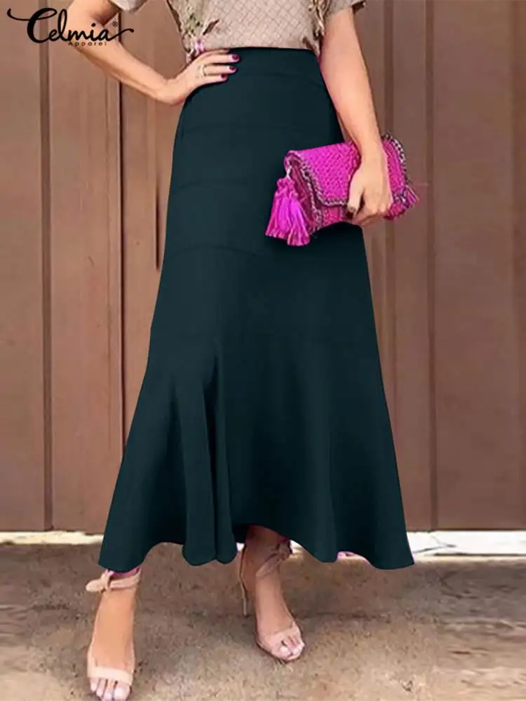 

Celmia Casual Slim A-line Maxi Skirts Women 2022 Fashion High Waist Swing Skirt Elegant Lady Long Jupes Holiday Simple Faldas