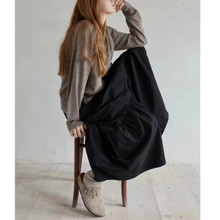 Mid-length Skirt Cotton Retro Black Spring and Summer Temperament Loose High Waist French Lazy Style A-line Stitching Skirt