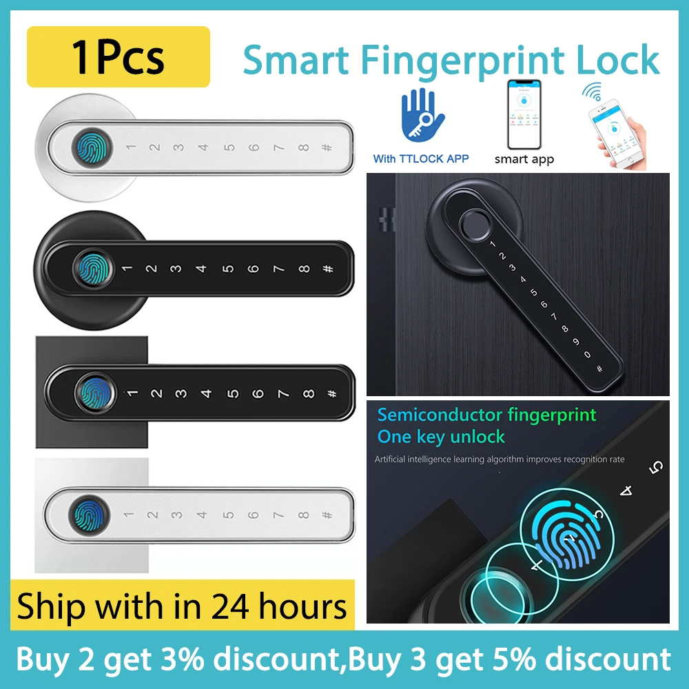 Дверной замок TTLock с отпечатком пальца, электронный металлический замок с 2 ключами, управление через приложение, биометрическая ручка, цвет ...