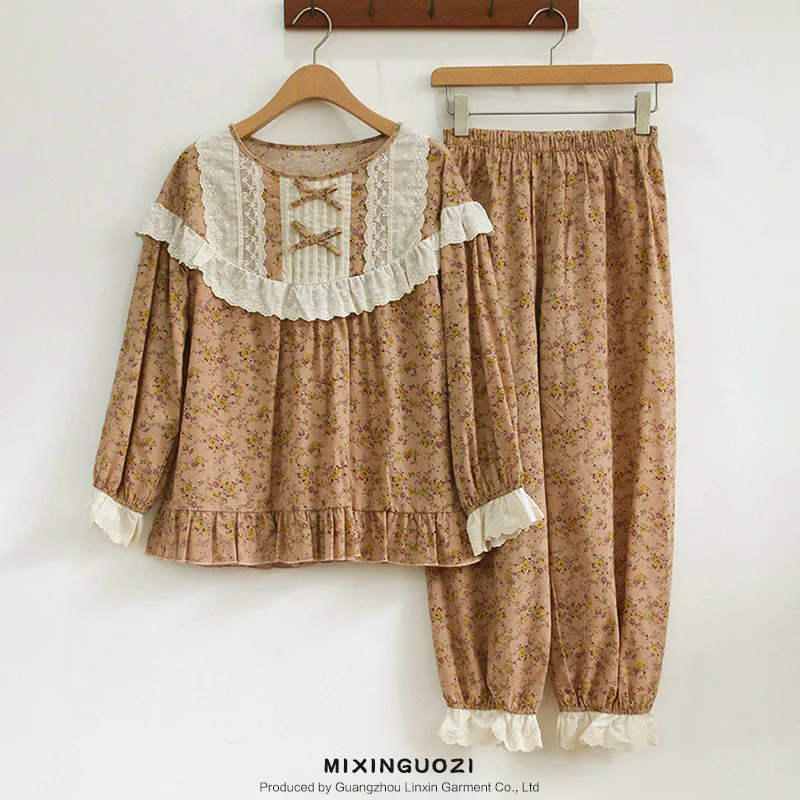 

Newest Lace Design Vintage Style Floral Printed Cotton Trouser Pajamas Set for Women's Autumn Homewear Clothes for Women