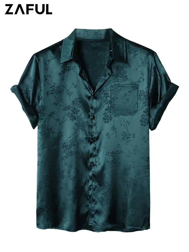 

ZAFUL Jacquard Silky Shirt for Men Casual Short Sleeve Turn-down Collar Pattern Printed Shirt Summer Streetwear Tops Z5021782