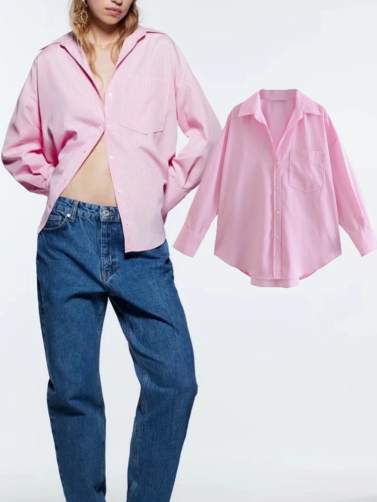 

Shirts New Fashion Striped Loose Women's Shirt Tops 2022 Casual Chic Youth Women Pink Shirts Elegant Street Women's Shirt