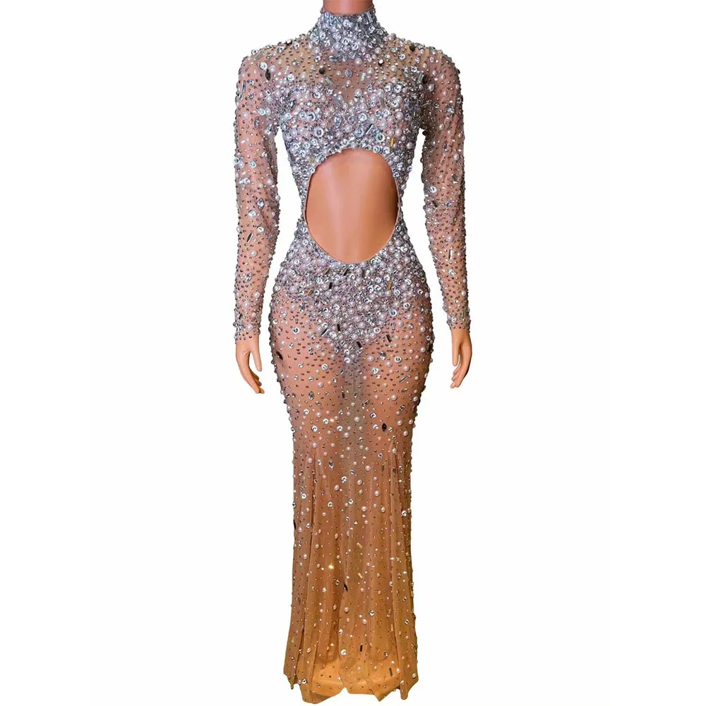 

Sexy Brilliant Nightclub Bar Female Singer Full Diamond Mesh Perspective Hollow Long Sleeve Wrapped Hip Model Performance Dress