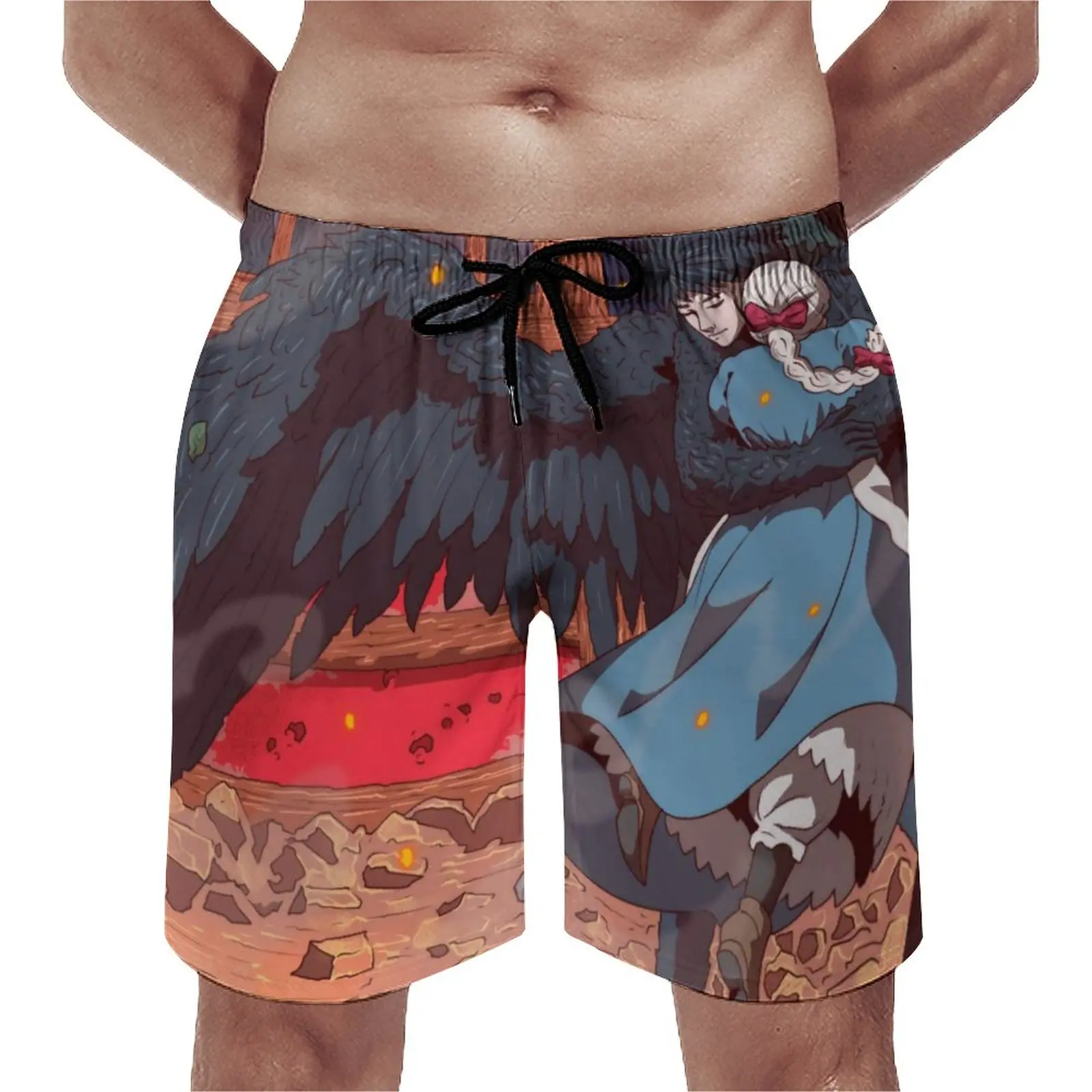 

Howls Moving Castle Board Shorts Howl Hugging Sophie Swimming Trunks Polyester Men Beach Funny Swim Trunks