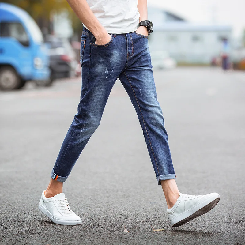 

2022 New Summer Korean Trend Pants Thin Section Men's Nine-point Jeans Men's Tide Brand Slim Pencil Pants Blue Nine-point Pants