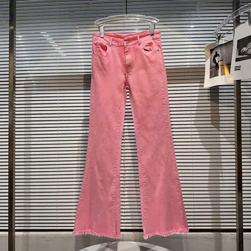 

PREPOMP 2023 Autumn New Collection Pink Long Flare Denim Pants Women Jeans Streetwear GL008