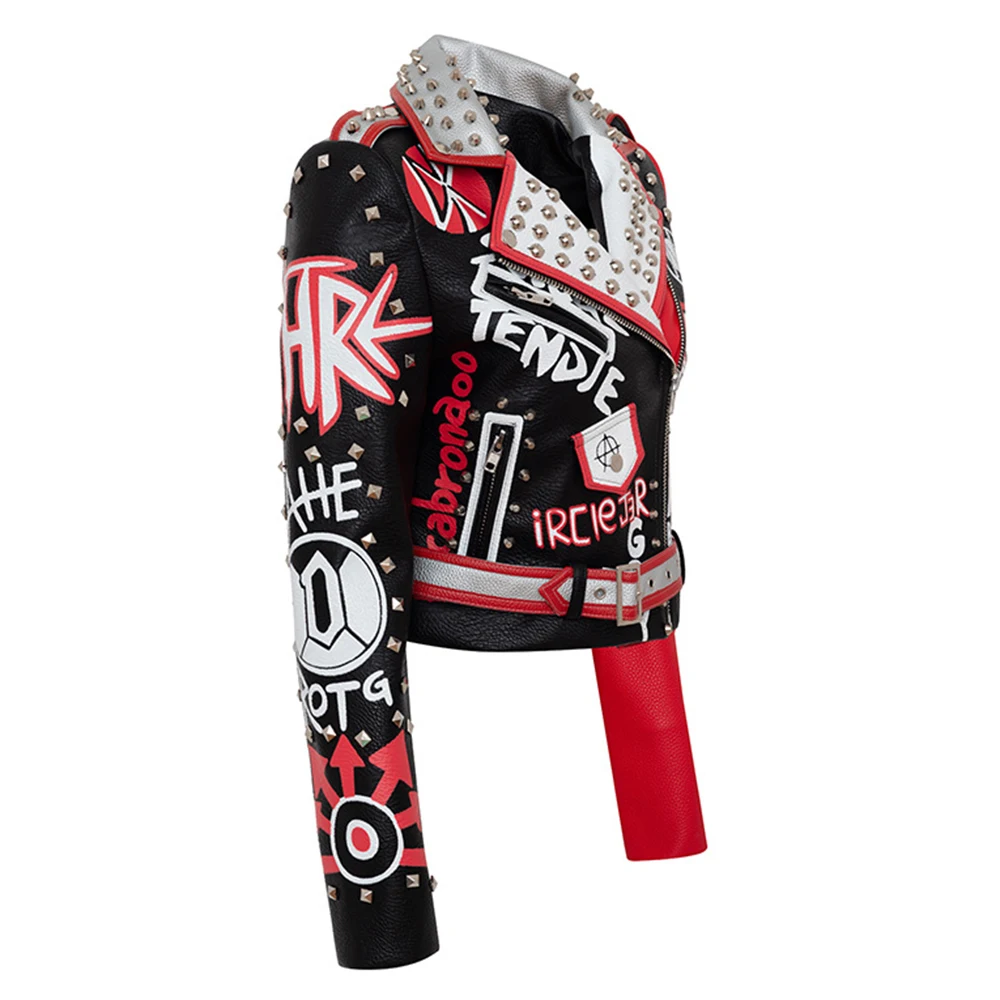 New Slim Women Pu Leather Jacket Graffiti Print Contrast Color Motorcycle  Short Lapel Coat Fit Beaded Studs Lender Outwear