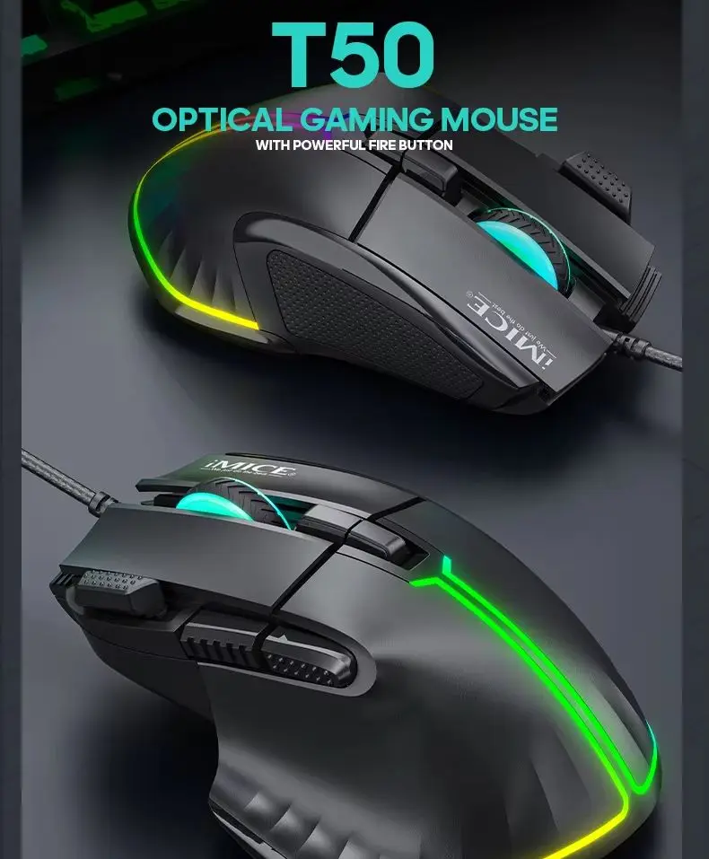 Фото Игровая проводная мышь IMICE T50 с разрешением 12800 DPI, программируемой RGB-подсветкой, эргономичным дизайном, оптическая, для ПК и ноутбуков. №1