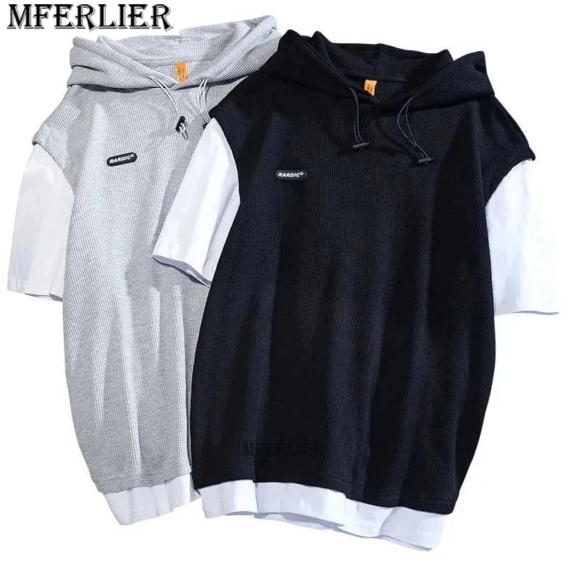 

new arrived summer men waffle plaid tshirt hooded short sleeve plus size 8XL chic fashion campus style tees tops patchwork