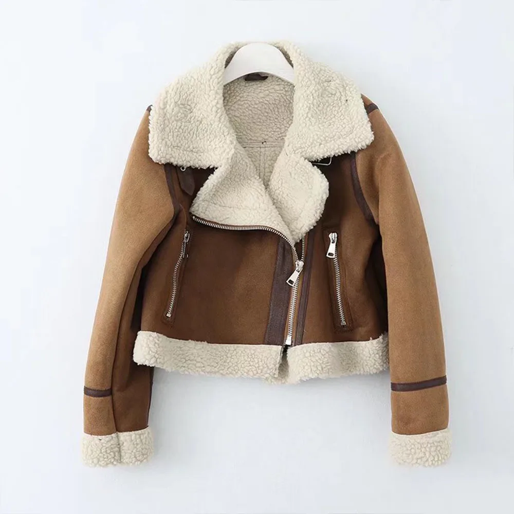 

PB&ZA Women Fashion Thick Warm Winter Fur Faux Leather Cropped Jacket Coat Vintage Long Sleeve Female Outerwear Chic Tops