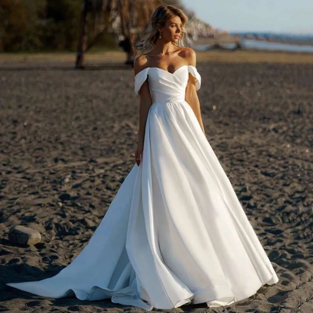 Атласное винтажное белое свадебное платье с открытыми плечами пляжное невесты