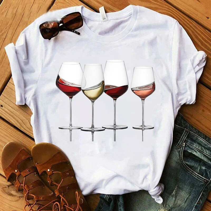 

Wine print T-shirt Ladies Summer Casual T-shirt Crew neck fashion short sleeves Harajuku style wine glass for unisex