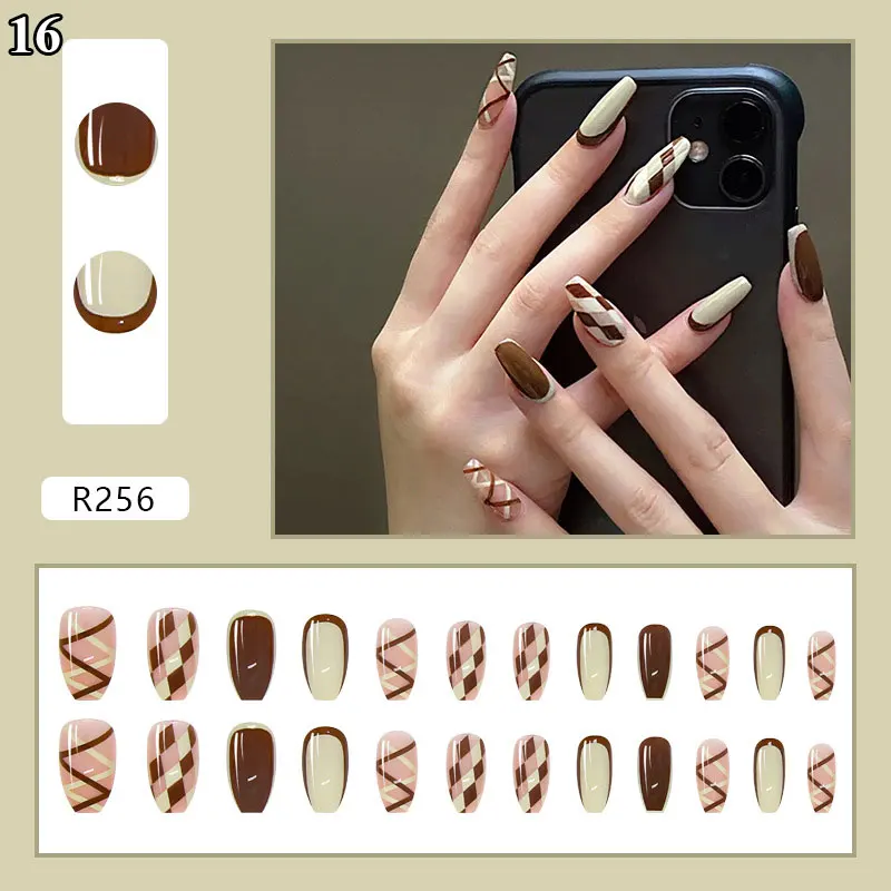 

24Pcs French Rhombus Plaid Fake Nails Full Cover Nail Tips With Designs Press On Nails Coffin False Nails For Manicure Freeship