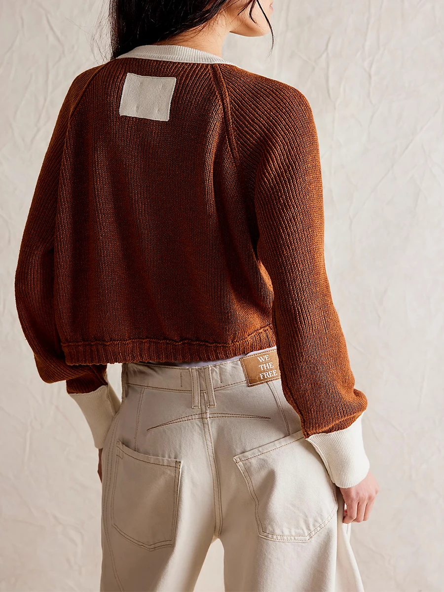 Женский вязаный свитер с длинным рукавом и круглым вырезом галстуком-бабочкой