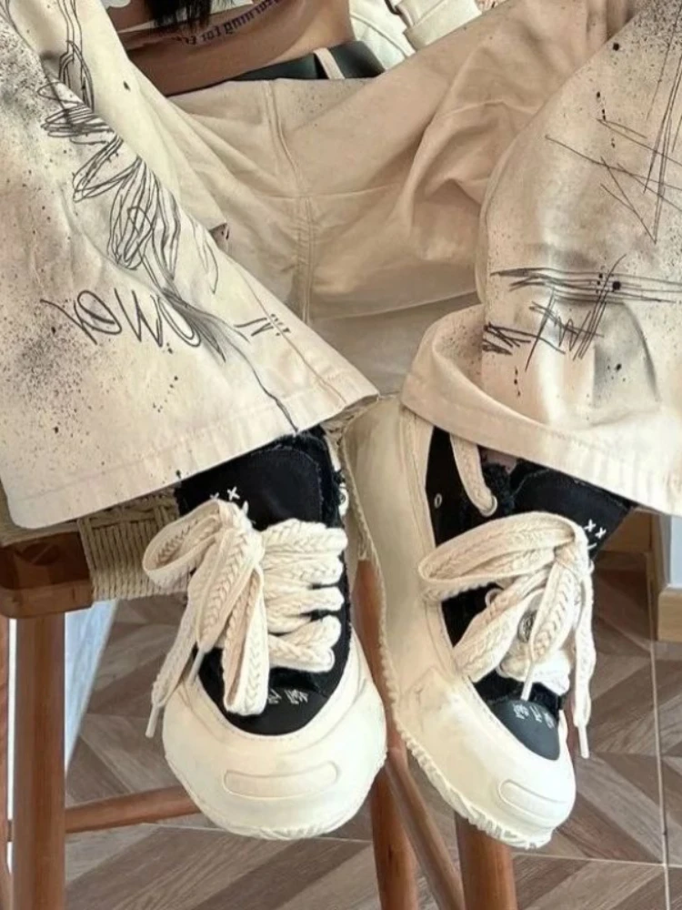 HOUZHOU Harajuku Y2k Jeans Women Grunge Hippie Oversized Denim Trousers Vintage Beige Wide Leg Graphic Pants Streetwear Female