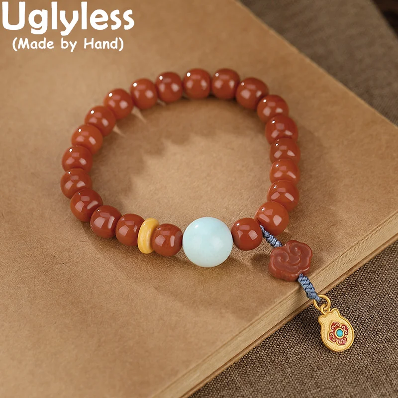

Uglyless Natural Meaty Color Brown Red Agate Bracelets Women Simple Gemstones Beading Jewelry Real 925 Silver Turquoise Bracelet