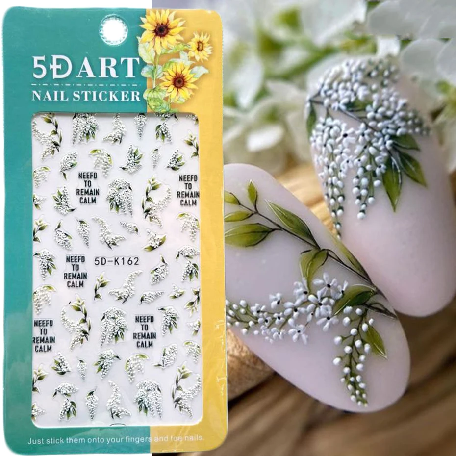 

5D Embossed Foil Nail Art Stickers White Lily of The Valley Tulip Dreamcatcher Gel Polish Wedding Flowers Engraved Slider Tips *
