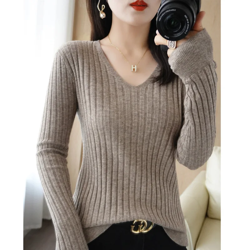 New V-Neck Knitted Sweater Women'S Striped Long-Sleeved Pullover Bottoming Sweater Solid Color Loose Inner Take Knitted Top