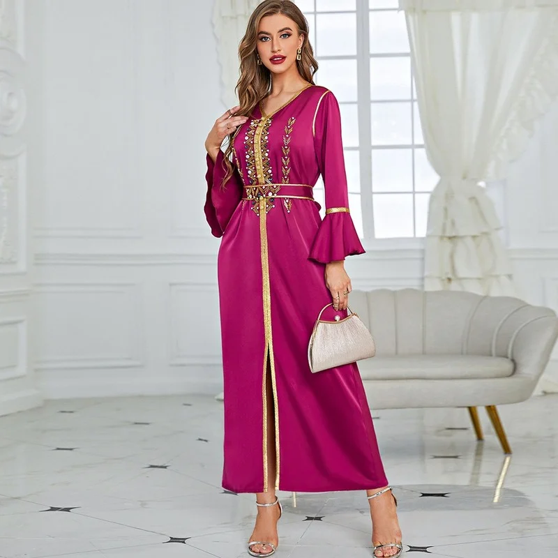 Rose Red Three-quarter Sleeve Ruffled Belt Belt Heavy Sewing Drill Elegant Long Dress 2022 New Fashion Ramadan Dresses Muslim