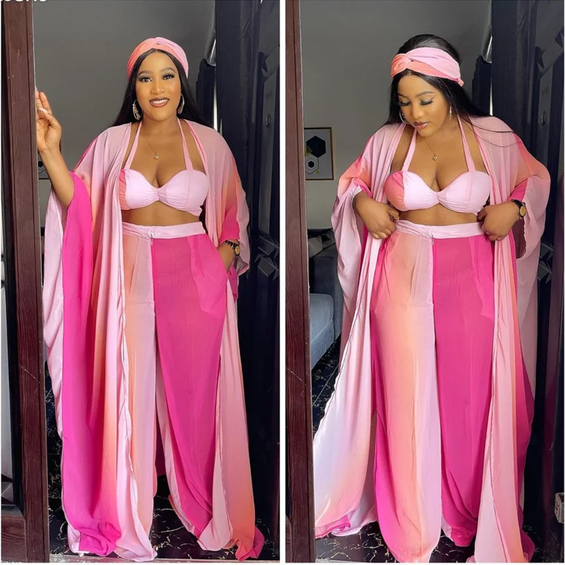 

African Abaya European American Sexy Print Suit Women Long Kimono 4 Piece Set Bra Top Pants Coat Headtie Lady Clothing Plus Size