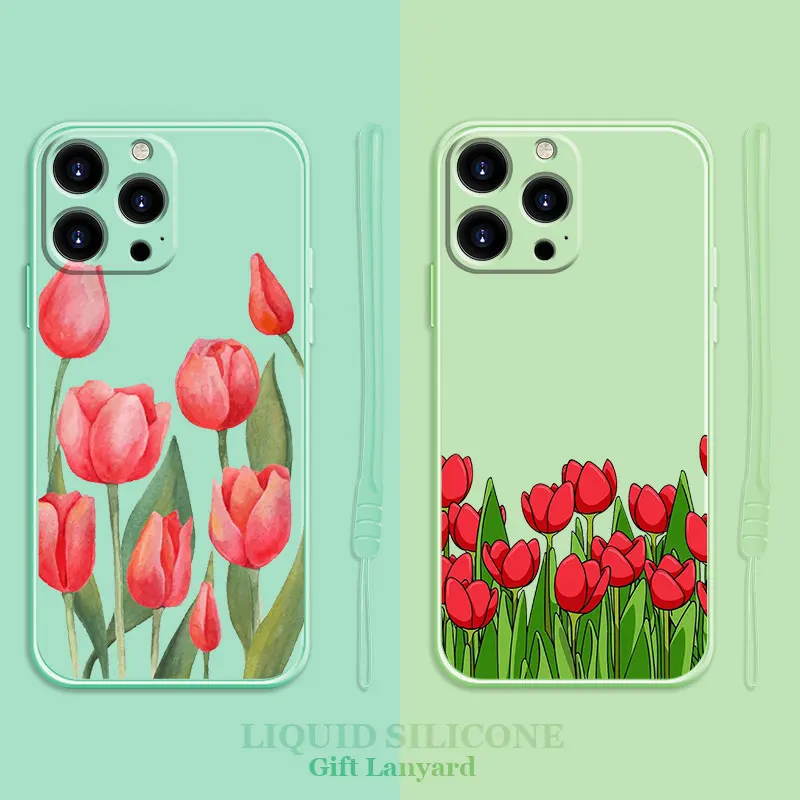 

Pink Red Tulips Beautiful Flower Liquid Candy Case For Apple iPhone 14 13 12 11 Pro Max 13 12 Mini XS XR X 7 8 6 6S Plus Shell