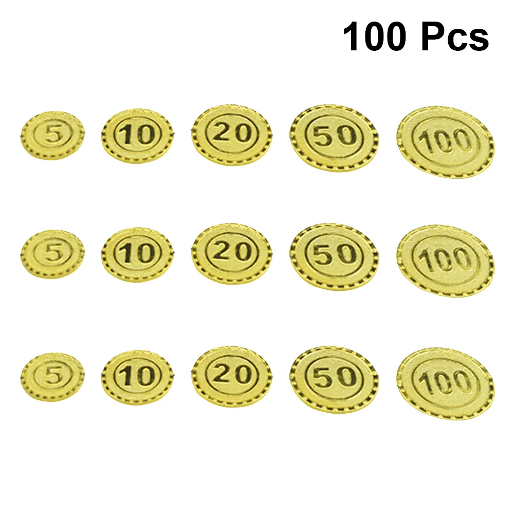 

100pcs Gold Coins Plastic Currency Game Props Chips Playset Party Favor for Kids