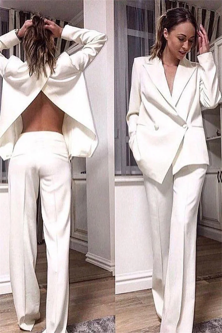 Women's Elegant Double-Breasted Back Slit Blazer: Ivory Tailored Suit Jacket for Casual and Office Wear, 2-Pack Set