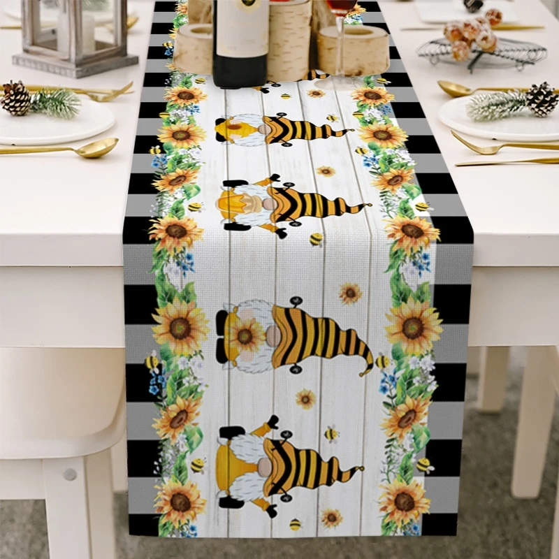 

Sunflower Gnome Cotton Linen Table Runner Table Cloth Desktop Decor for Spring Easter Farmhouse Kitchen Dining Tabletop Supplies