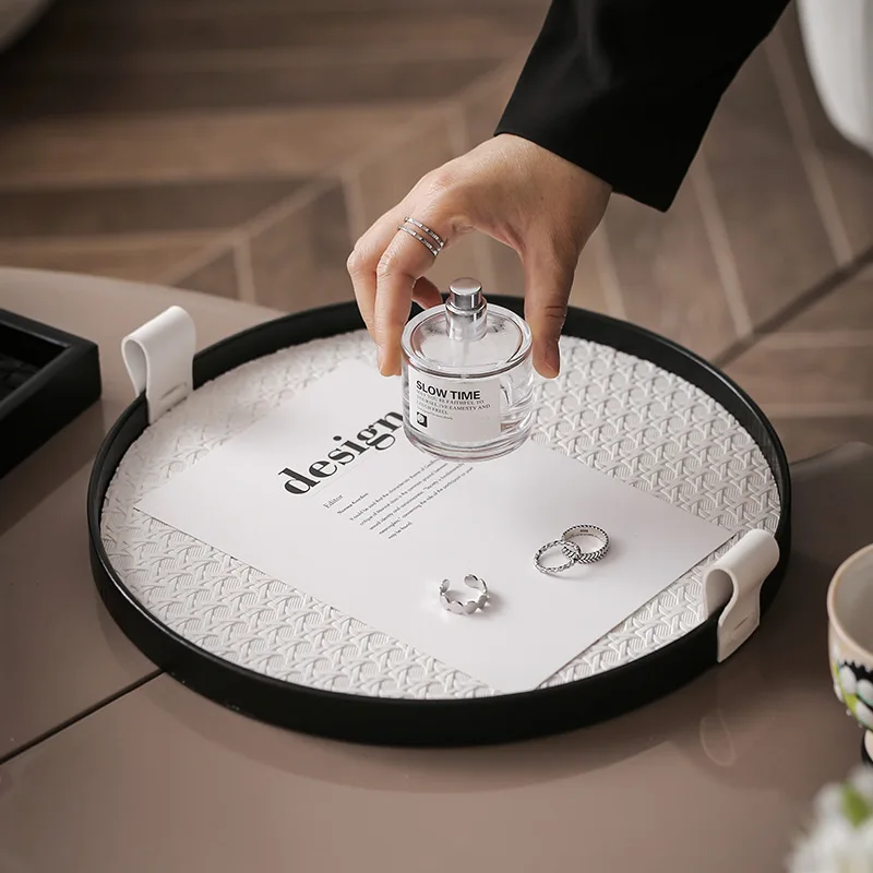

PU Leather Storage Tray Round Jewelry Cosmetic Plate Coffee Serving Tray Desktop Sundries Organizer Home Restaurant Decor