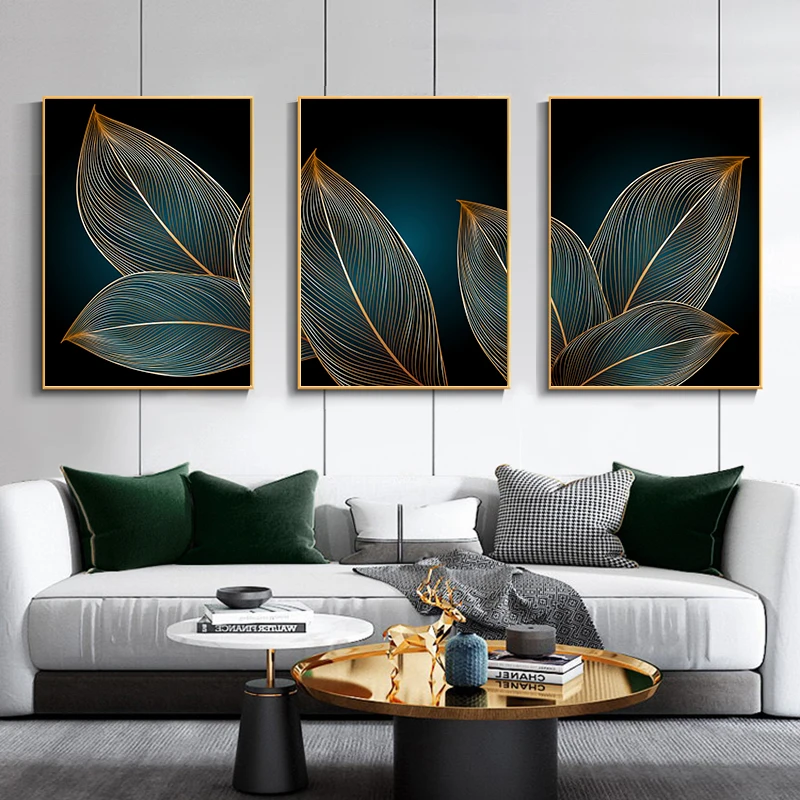 

3Pcs Poster Print Golden Plants Leaves Wall Art Canvas Painting Contemporary Living Room Decoration Picture Frameless Mural