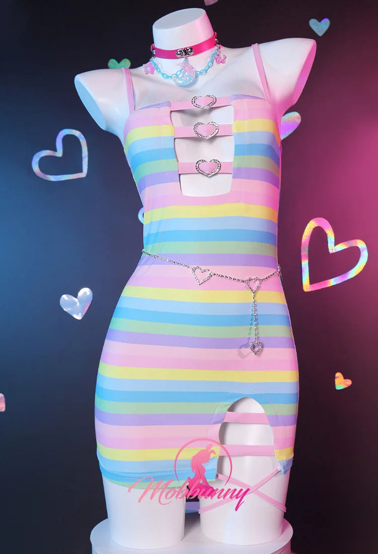 

Women Kawaii Rainbow Sexy Lingerie Set Chest Open Sexy Mini Bodycon Dress with Waist Chain Gloves Choker Clubwear