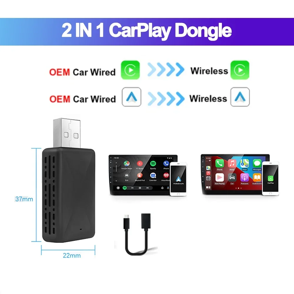 

Беспроводной адаптер Carplay Android Auto Smart Dongle 2 в 1 для проводного подключения CP AA Plug & Play