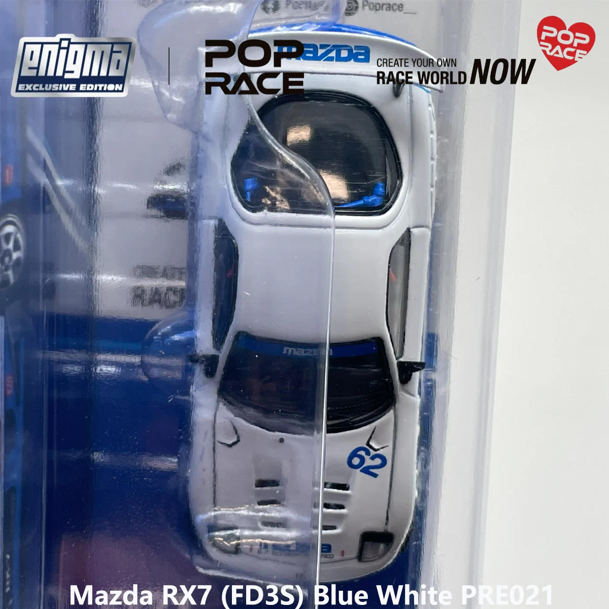 Фото Блистерная упаковка Pop Race PRE021 1:64 Mazda RX7 FD3S RE-Amemiya # 62 эксклюзивных коллекционных моделей автомобилей Enigma в сине-белом цвете, из сплава, JDM №5