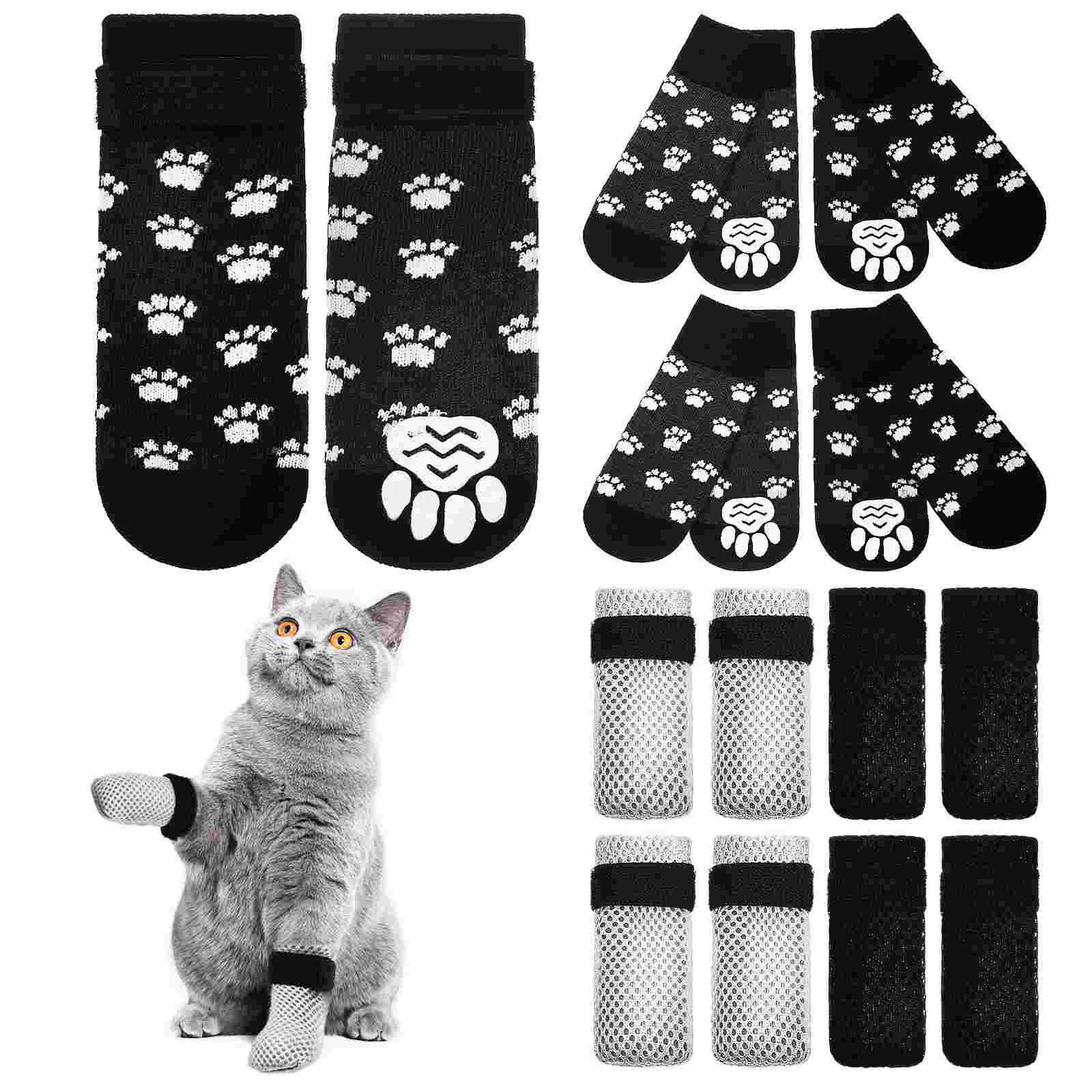 

2 Pairs Cat Anti-skid Shoes Socks and 2 Pairs Cat Mesh Nail Caps Paw Protectors for Bathing Shaving Checking