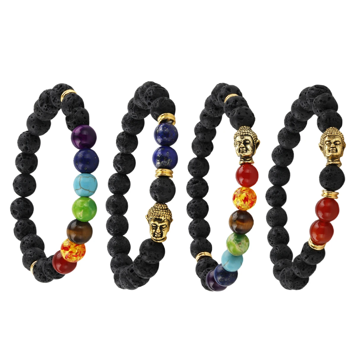 

SUNYIK 8mm Black Lava Rock Stone Beaded Bracelet Alloy Buddha Head 7 Chakra Crystal Stone Beads Ornament Healing Energy Jewelry