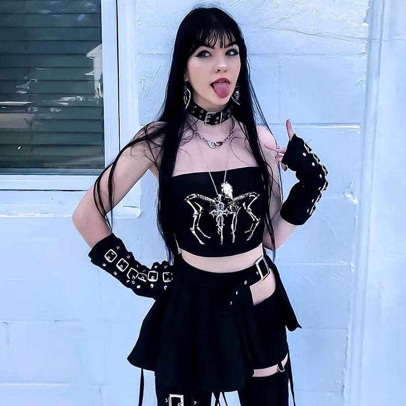 

Harajuku tank Sexy Backless Black Camis Grunge Spider Print Camis Goth Punk Strapless Bodycon Crop Tops Women Camisole y2k tops