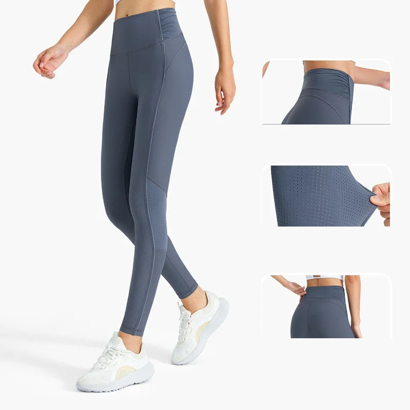 Solid Color New Design Women Sports Pant Athletic Fitness Yoga Legging Soft Breathable Mesh Ribbed High Elastic Side Waist Folds