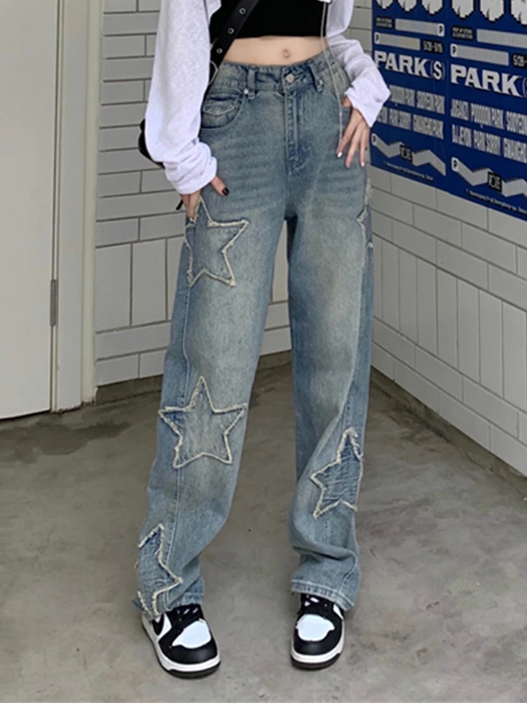 

WeiYao y2k Star Patchwork Wide Leg Jeans Women Korean Fashion Low Waist 90S Denim Trousers Vintage Kpop Streetwear Baggy Pants